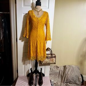 Always Indigo Wms Gold Yellow Crochet Lace Cutout Boho Fit&Flare Dress 1X